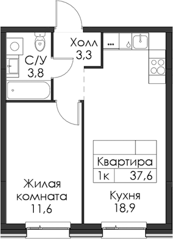 1-комнатная квартира 37.6 м², 5/8 эт., ЖК «Шкиперский 19»